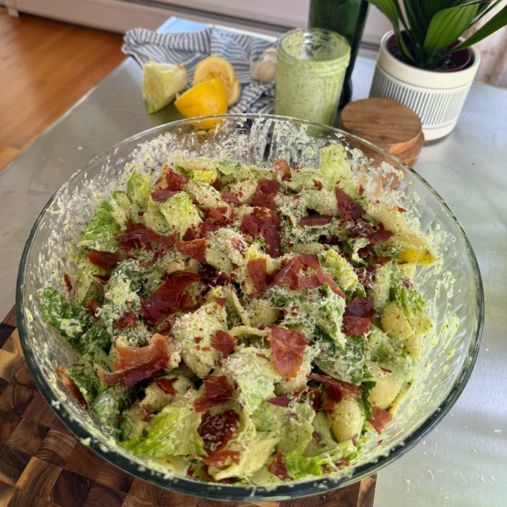 Pesto Caesar Pasta Salad with Crispy Prosciutto