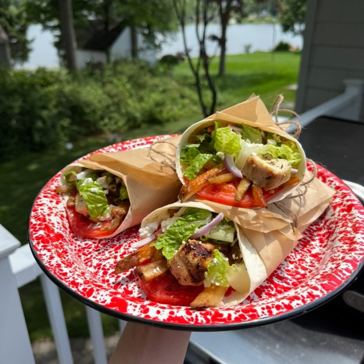 Grilled Chicken Souvlaki Gyros with Cast Iron Fries